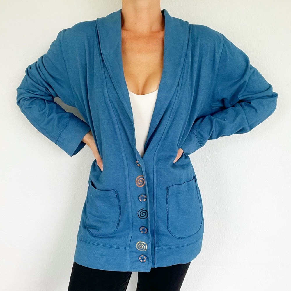 Babytoes Clothing blue handmade cotton painted button boho cardigan size XL